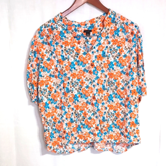 Ann Taylor Blue Orange Bright Floral Print Short Sleeve Blouse Size Extra Large - Picture 1 of 5
